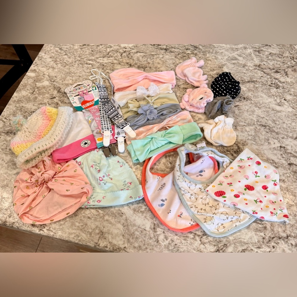 Baby hats, pacifier clips, bibs, headbands, and mittens
